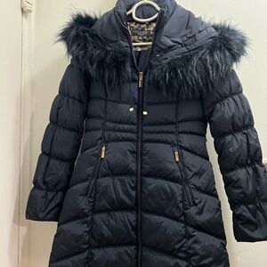 Laundry By Shelli Segal Navy Blue Puffer Coat with Faux Fur
